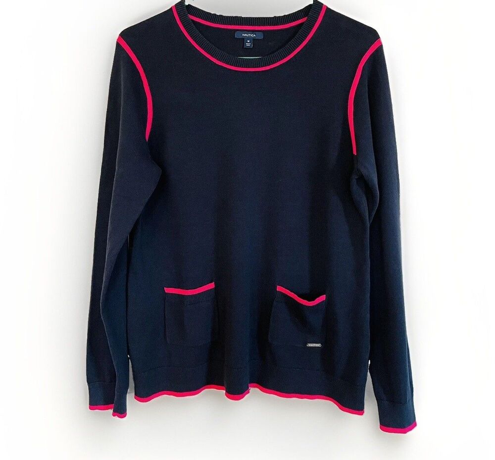 Nautica Navy Pink Cotton Knit Sweater Size M Long Sleeve Crew Neck Preppy